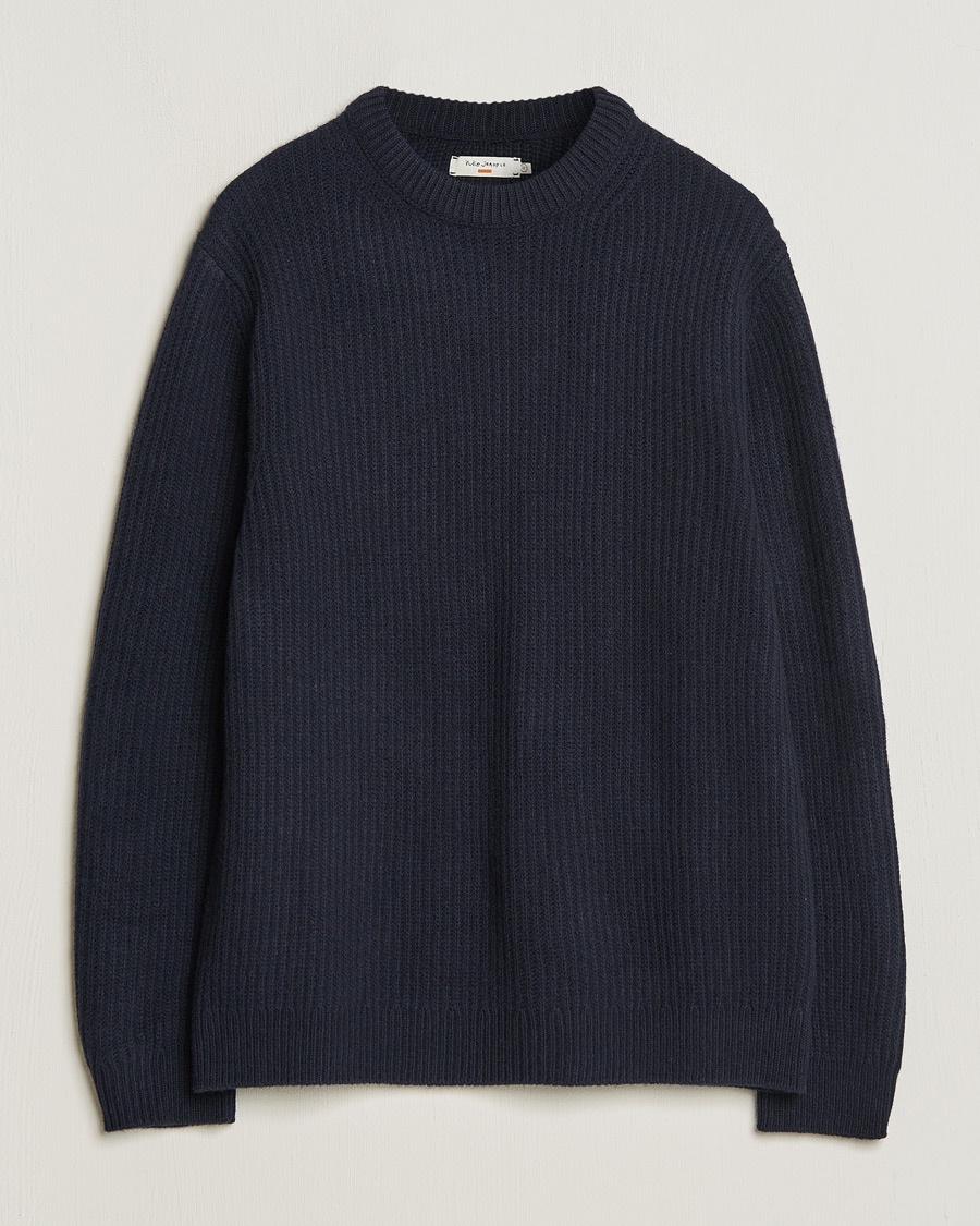 Nudie Jeans August Wool Rib Knitted Sweater Navy – Blau