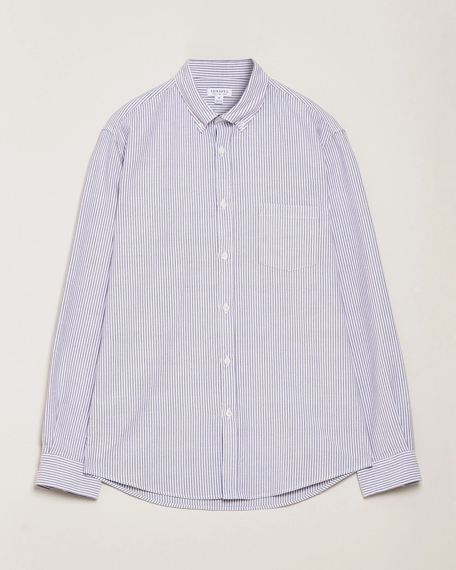 Sunspel Striped Oxford Button Down Shirt White/Navy – Blau