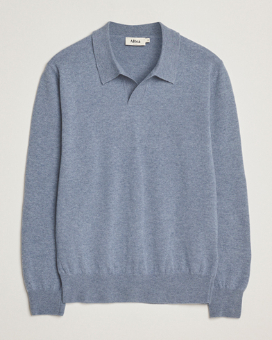 Altea Long Sleeve Knitted Wool Polo Blue Melange – Blau