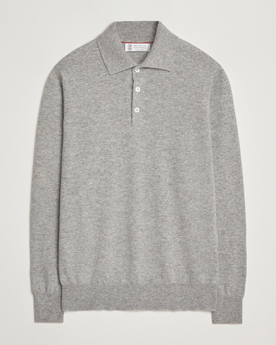 Brunello Cucinelli 2 Ply Cashmere Long Sleeve Polo Grey Melange – Grau