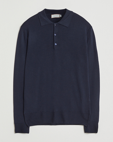 Canali Merino Wool Long Sleeve Polo Navy – Blau