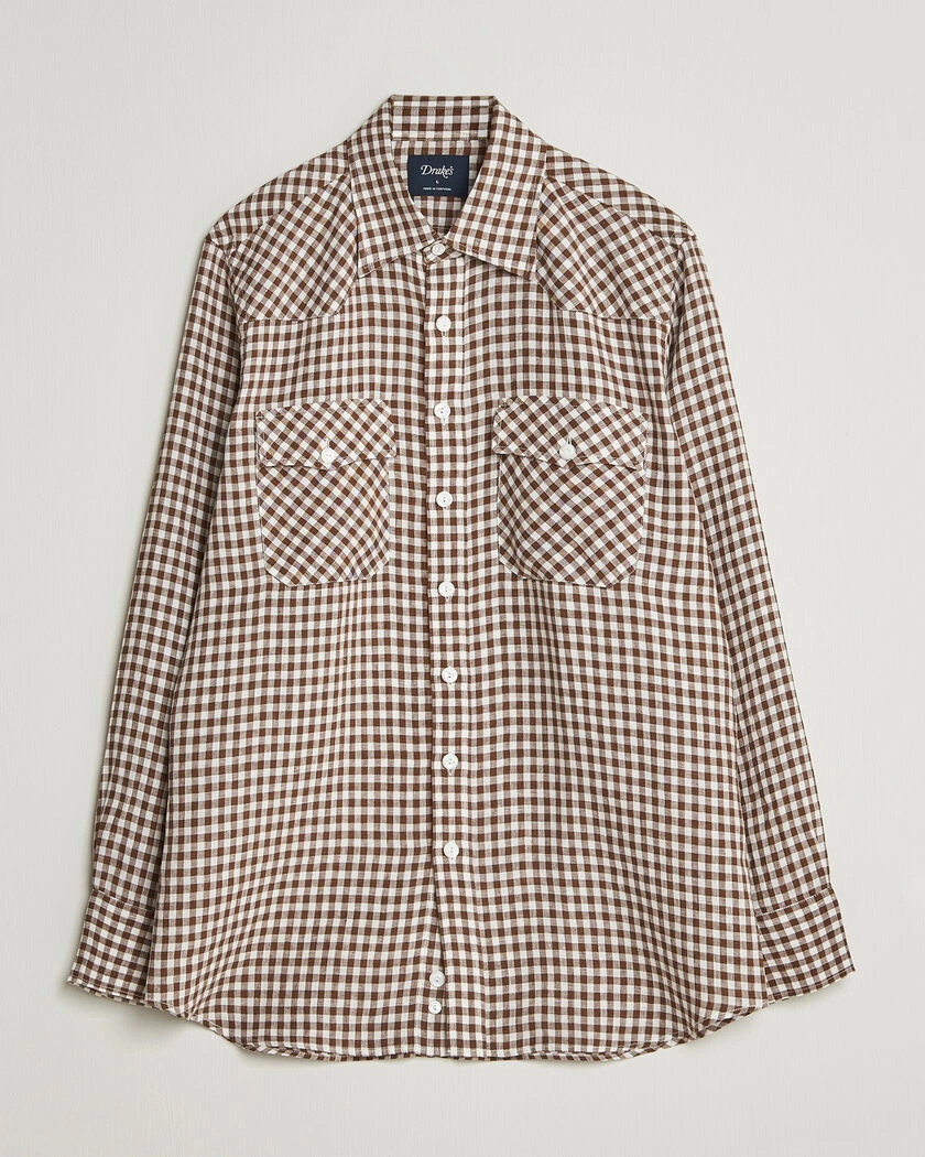 Drake's Linen Gingham Western Shirt Brown/White – Braun