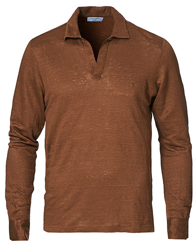  Washed Linen Long Sleeve Polo Gold Brown