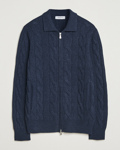 Gran Sasso Wool/Cashmere Cable Full Zip Navy Melange – Blau