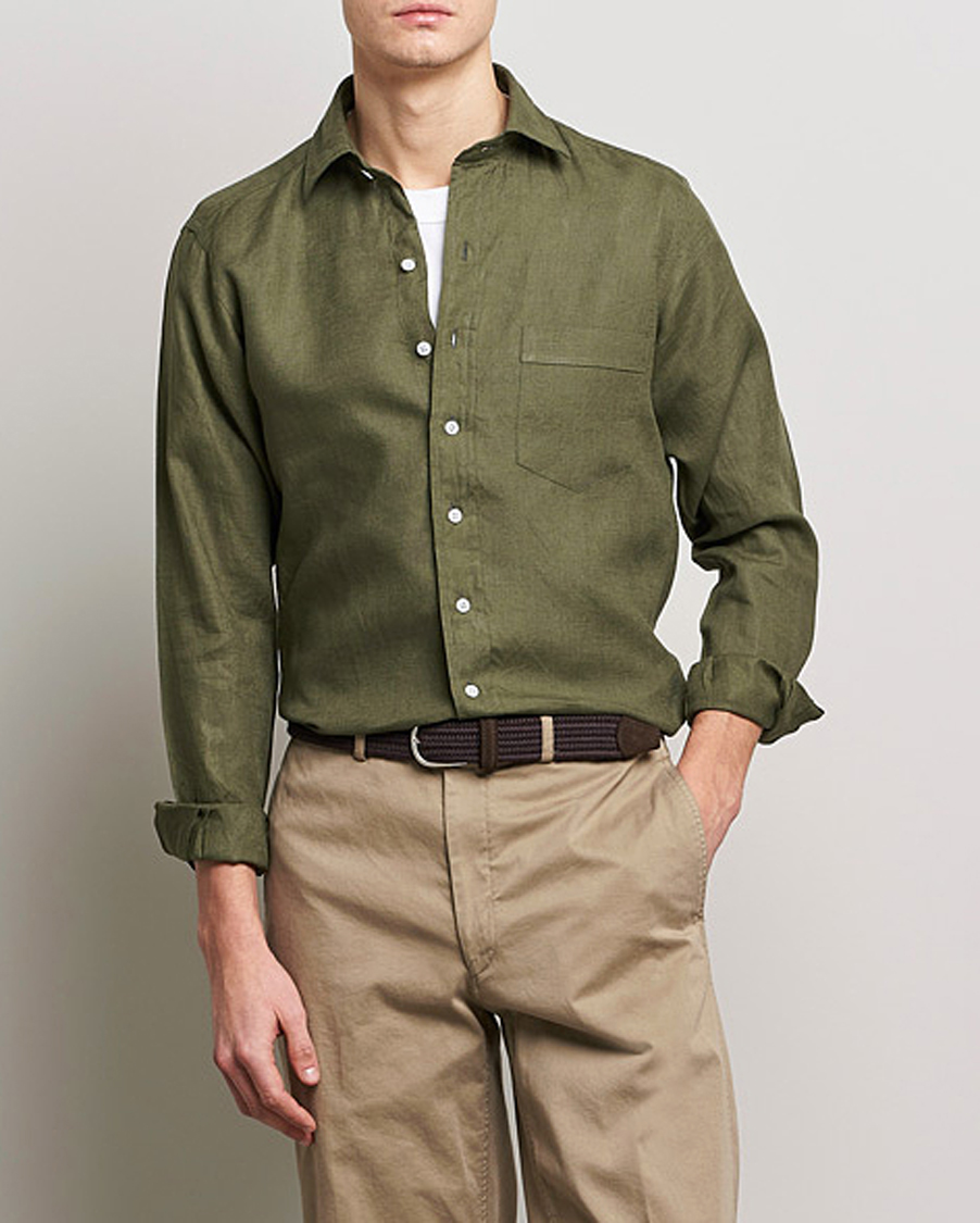 Herren | Hemden | Drake's | Linen Summer Shirt Khaki Green