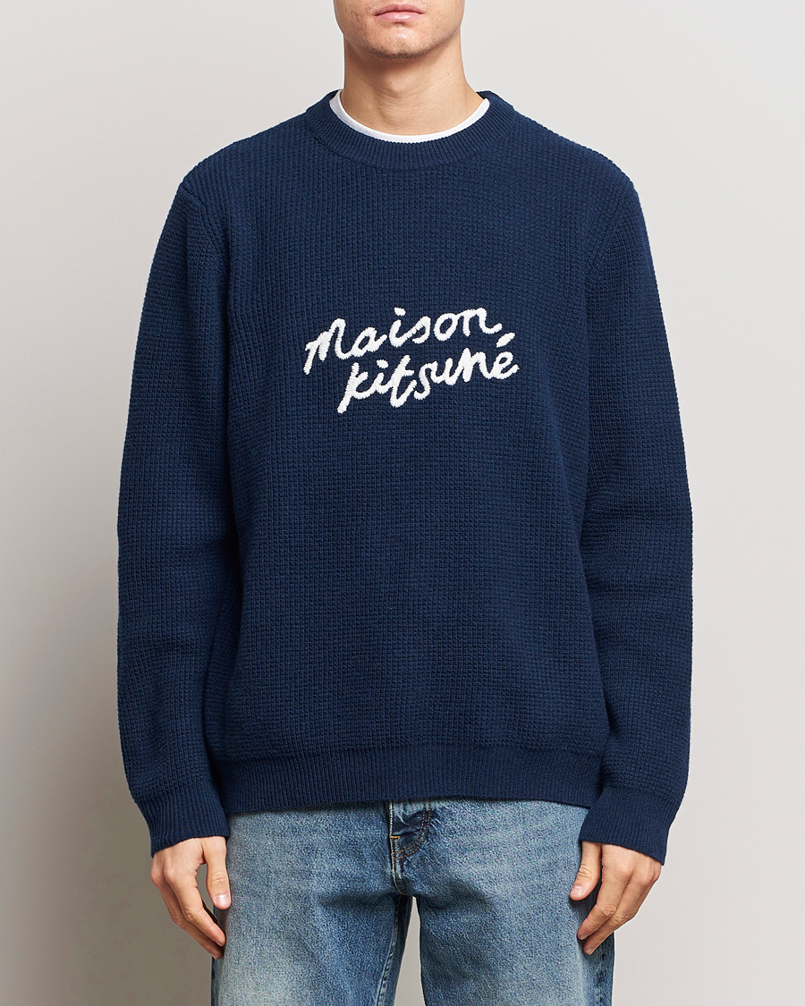 Herren | Pullover | Maison Kitsuné | Handwriting Wool Crew Neck Sweater Ink Blue