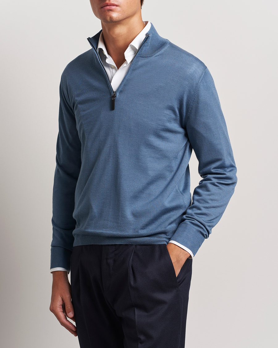 Herren |  | Canali | Merino Wool Half Zip Light Blue