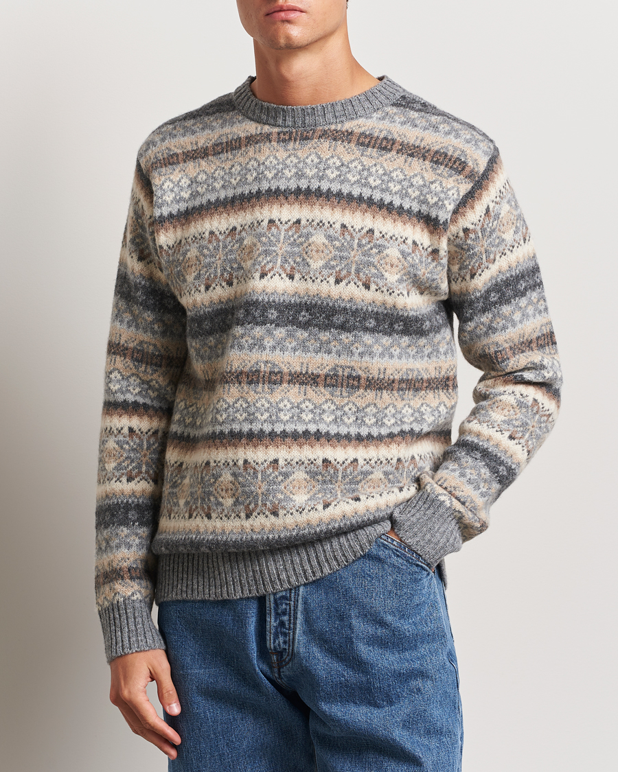 Herren | Strickpullover | Harley Of Scotland | Supersoft Lambswool Fairisle Crewneck Grey