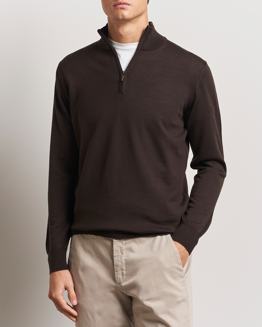 Herren |  | Morgano | Extra Fine Merino Wool Half-Zip Dark Brown