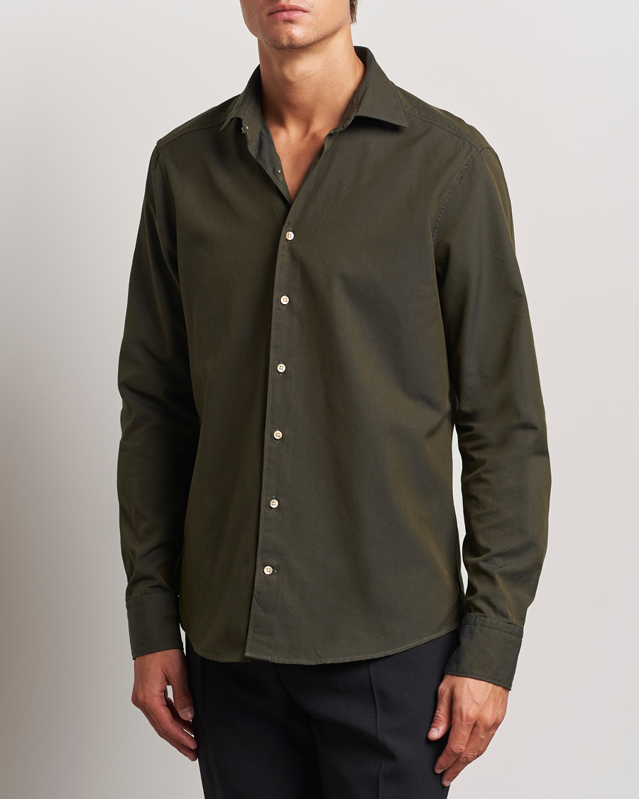 Herren |  | Stenströms | Slimline Cut Away Washed Twill Shirt Dark Green