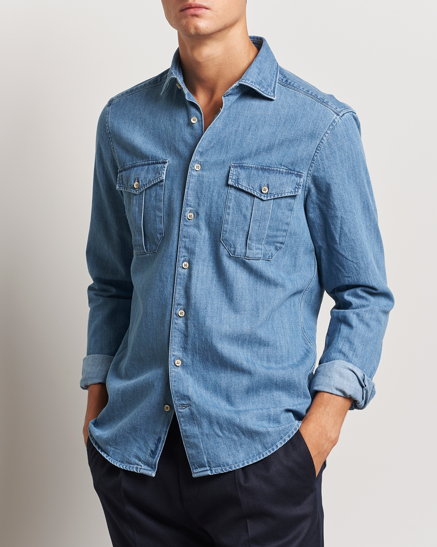 Herren |  | Stenströms | Slimline Double Pocket Denim Shirt Blue