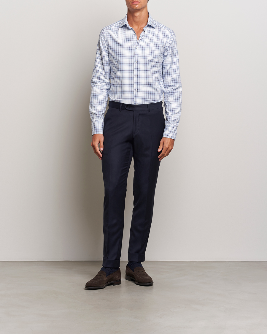 Herren |  | Stenströms | Slimline Small Checked Cut Away Shirt Blue