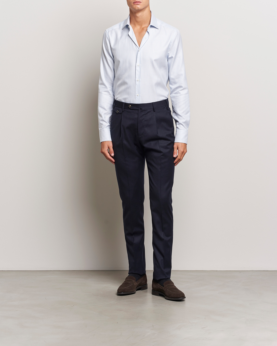 Herren |  | Stenströms | Slimline Striped Twill Cut Away Shirt White/Blue