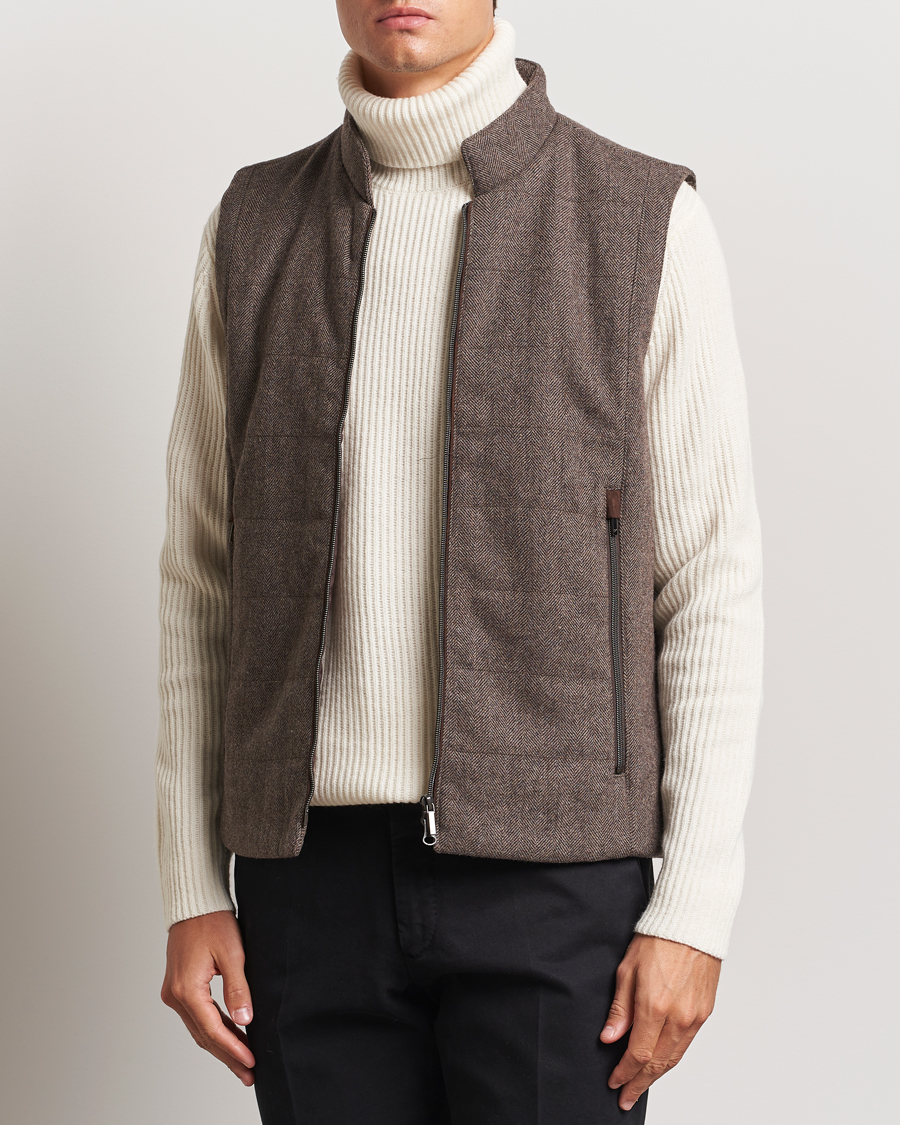 Herren |  | Stenströms | Alcantara Detail Herringbone Wool Vest Dark Brown