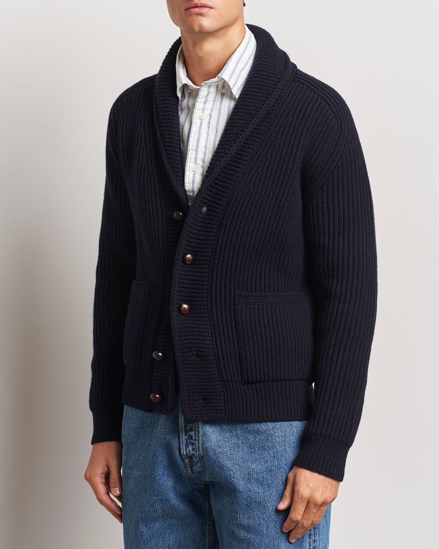 Herren |  | Drake\'s | Lambswool 6-Ply Shawl Collar Cardigan Navy