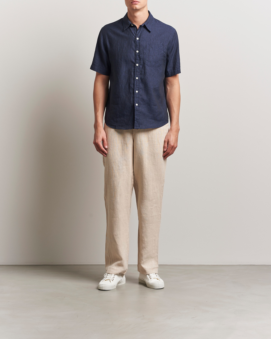 Herren | Hemden | Colorful Standard | Garment Dyed Linen Short Sleeve Shirt Navy Blue