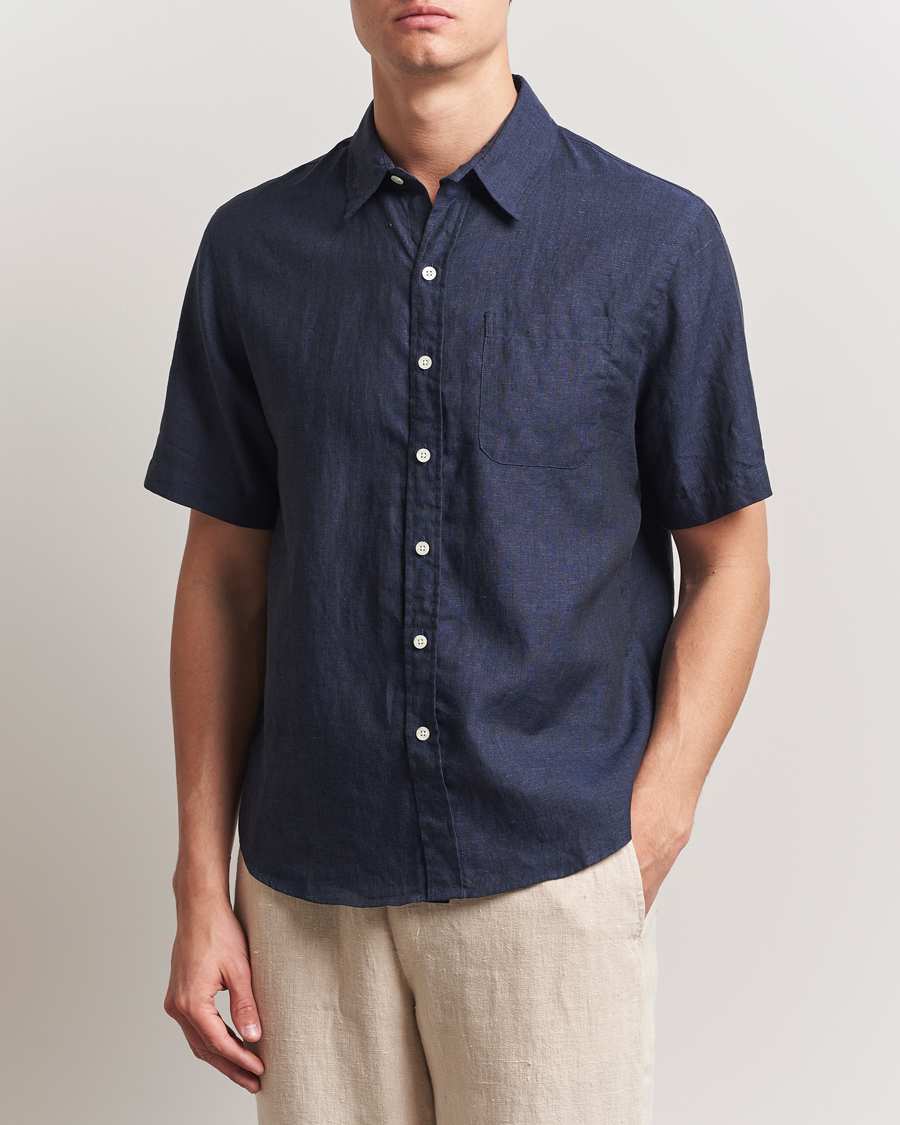 Herren | Hemden | Colorful Standard | Garment Dyed Linen Short Sleeve Shirt Navy Blue