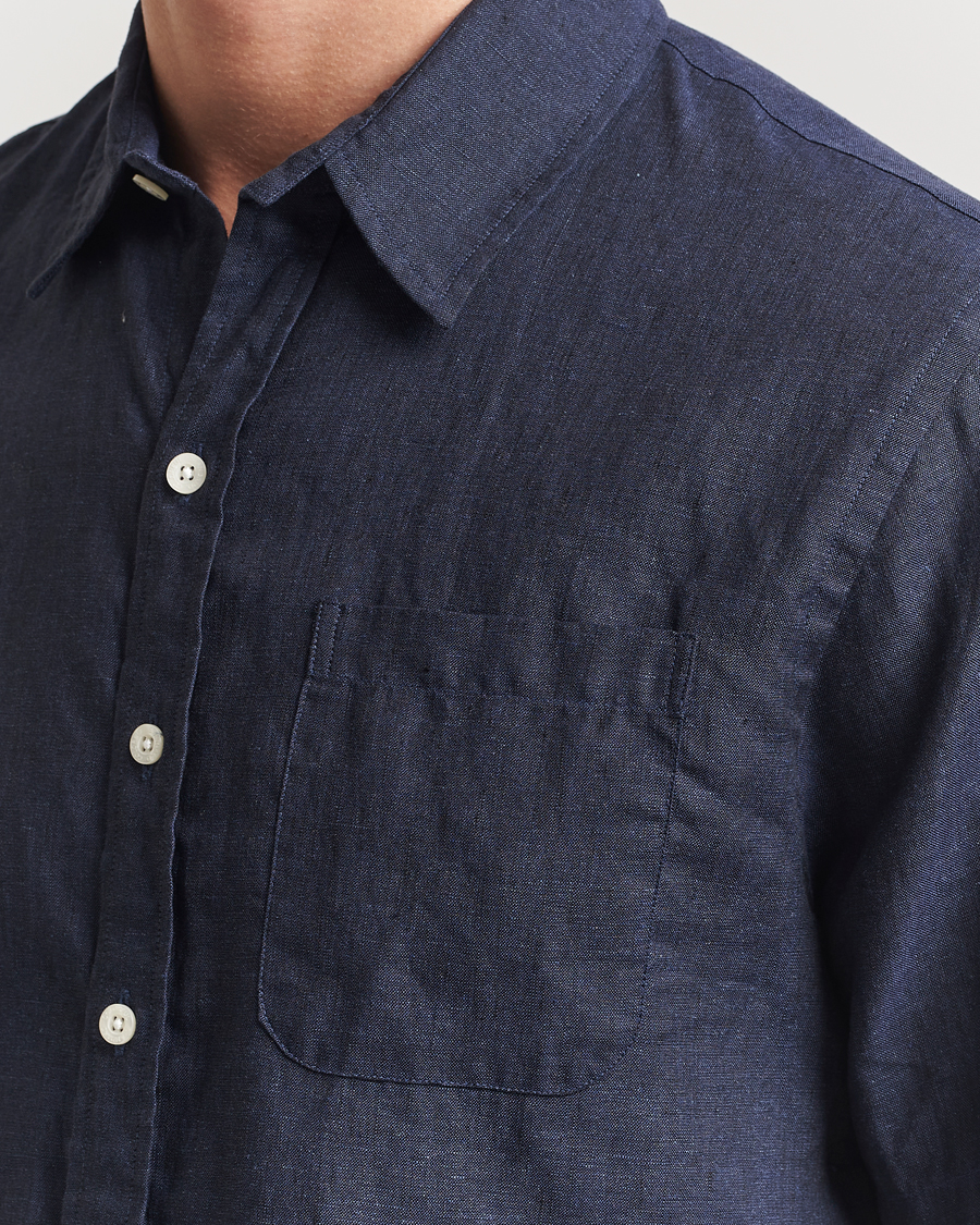 Herren | Hemden | Colorful Standard | Garment Dyed Linen Short Sleeve Shirt Navy Blue