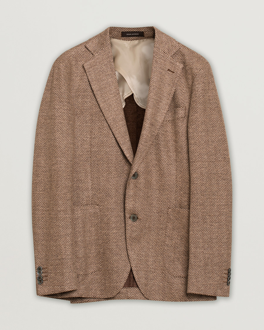 Herren | Sakkos | Pre-owned | Oscar Jacobson Egel Patch Herringbone Linen Blazer Brown